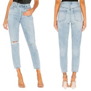 Agolde Jamie High Waisted Distressed Light Wash Straight Leg Jeans 27 Button Fly